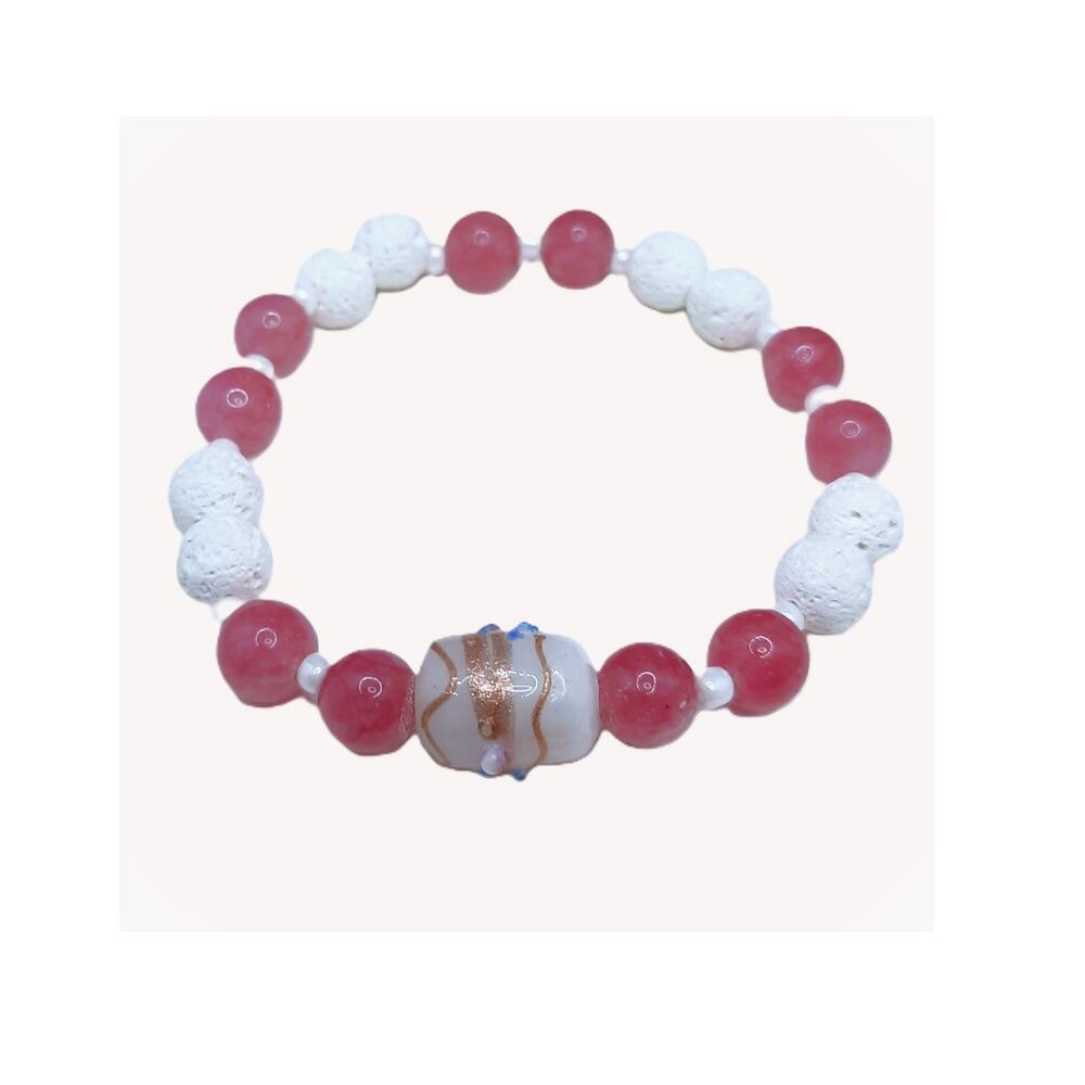 Pink Jade Beaded Bracelet Handmade Wedding Cake Lampwork White Lava Diffuser NEW